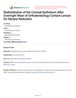 Redistribution of the Corneal Epithelium After Overnight Wear of Orthokeratology Contact Lenses for Myopia Reduction