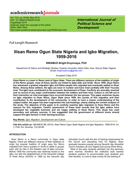 Ilisan Remo Ogun State Nigeria and Igbo Migration, 1959-2016