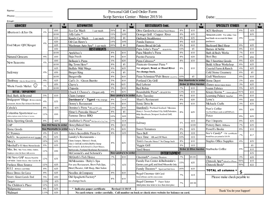 Personal Gift Card Order Form Scrip Service Center