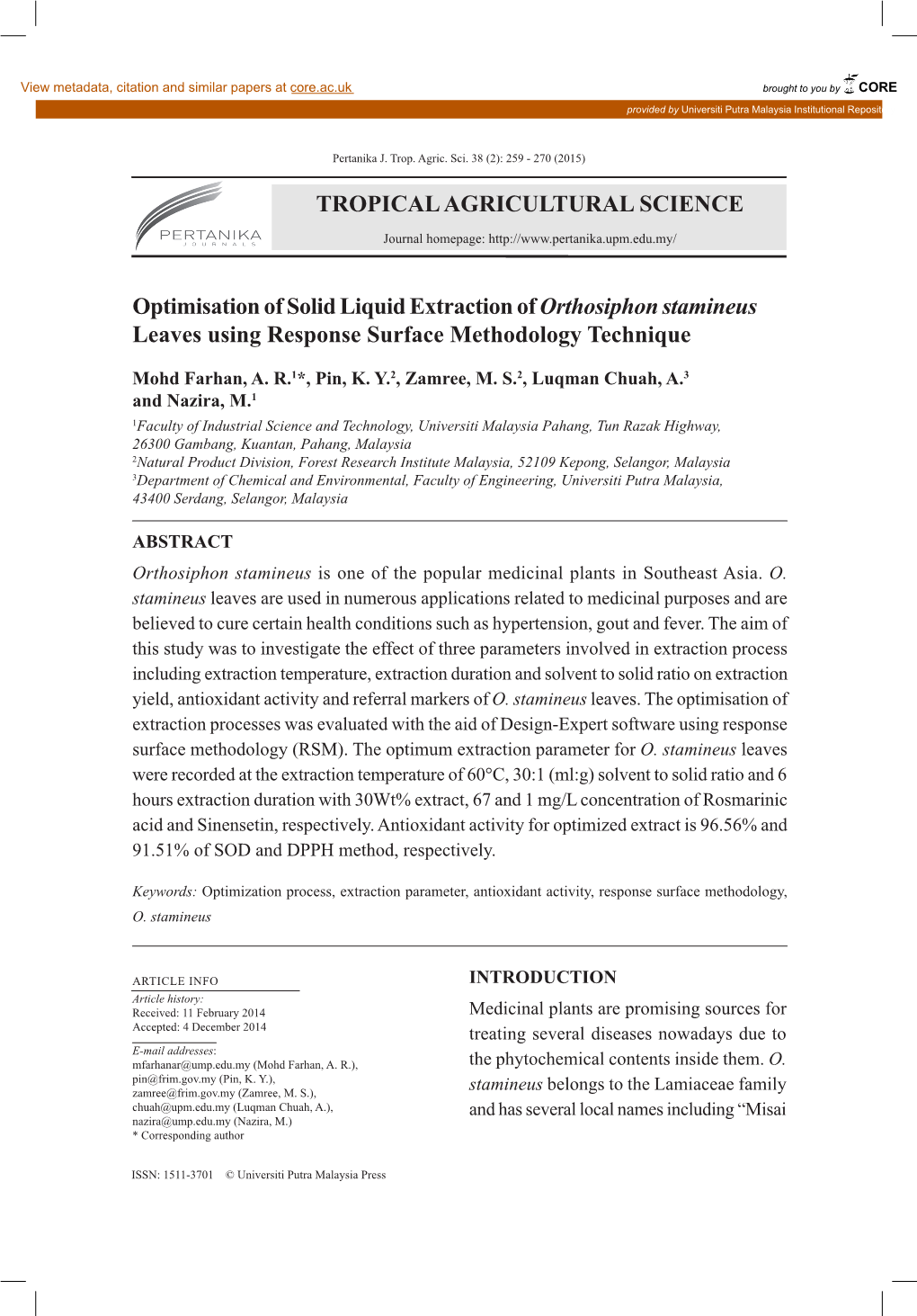 TROPICAL AGRICULTURAL SCIENCE Optimisation Of