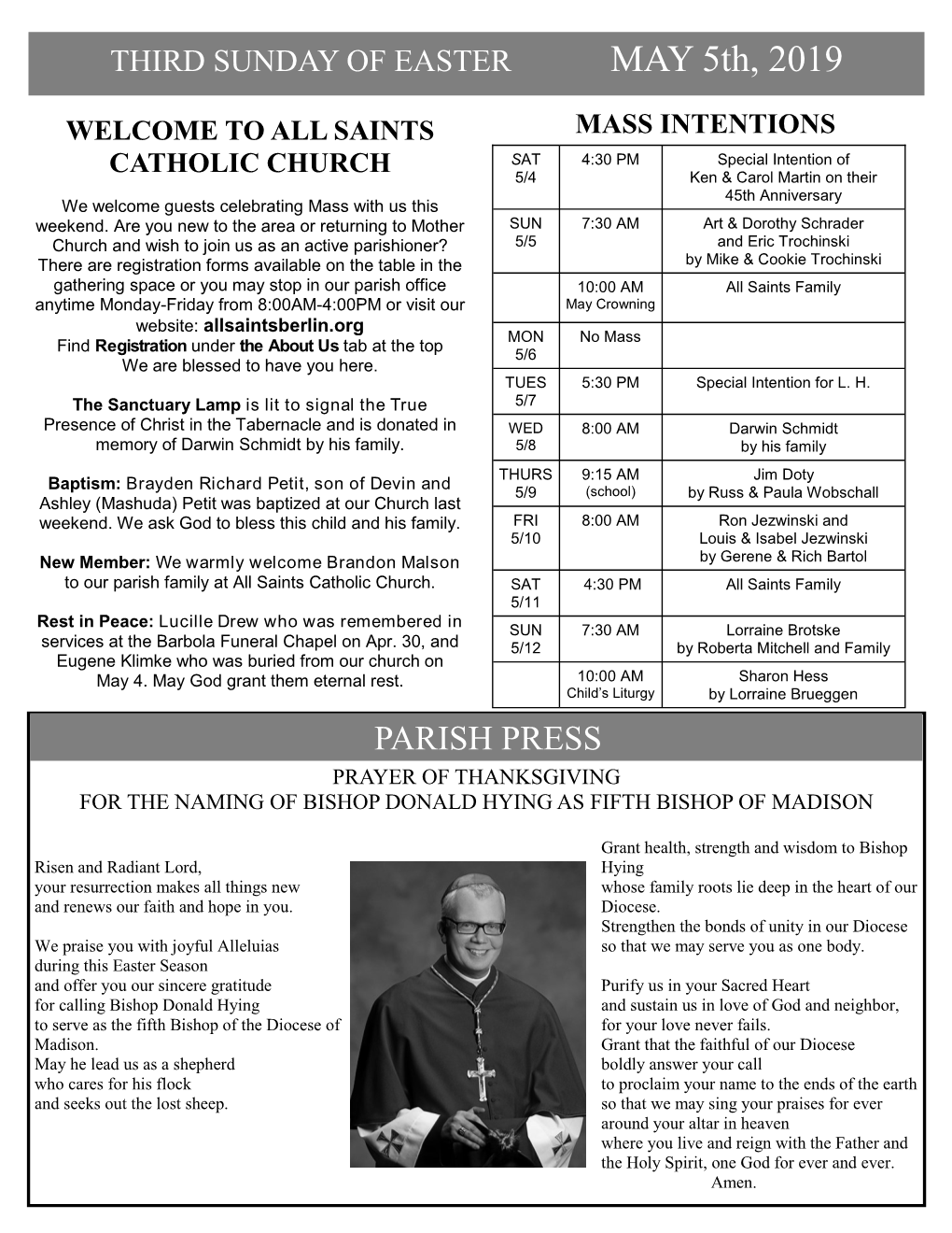 Parish Press Prayer of Thanksgiving for the Naming of Bishop Donald Hying As Fifth Bishop of Madison