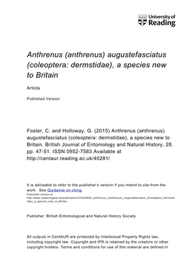Anthrenus (Anthrenus) Augustefasciatus (Coleoptera: Dermstidae), a Species New to Britain