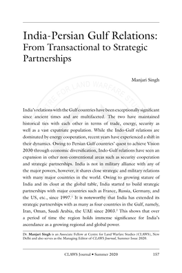 India-Persian Gulf Relations: from Transactional to Strategic Partnerships