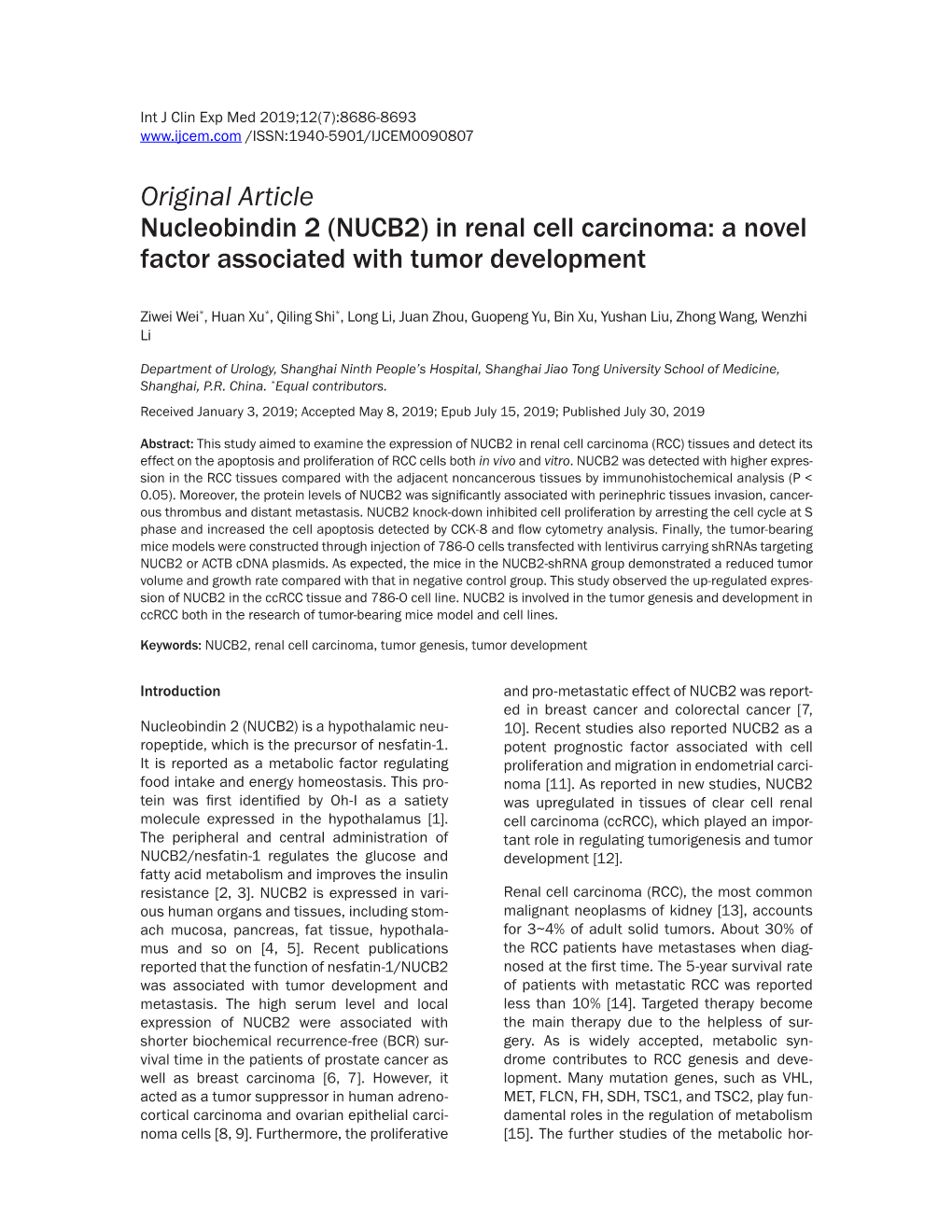 Original Article Nucleobindin 2 (NUCB2) in Renal Cell Carcinoma: a Novel Factor Associated with Tumor Development