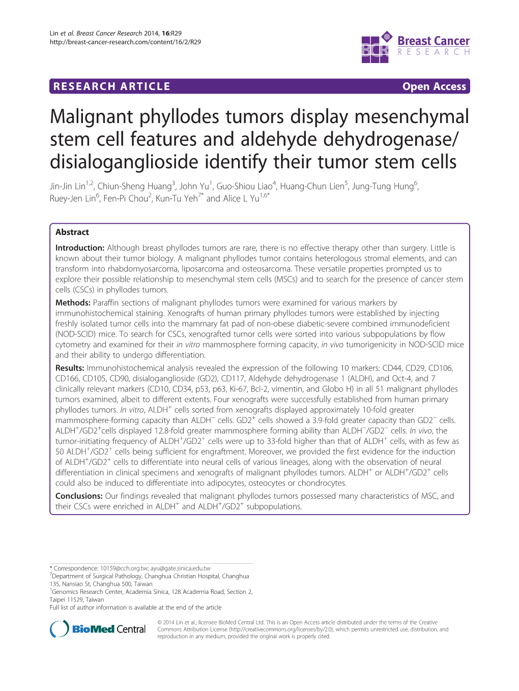 Malignant Phyllodes Tumors Display Mesenchymal Stem Cell Features and Aldehyde Dehydrogenase