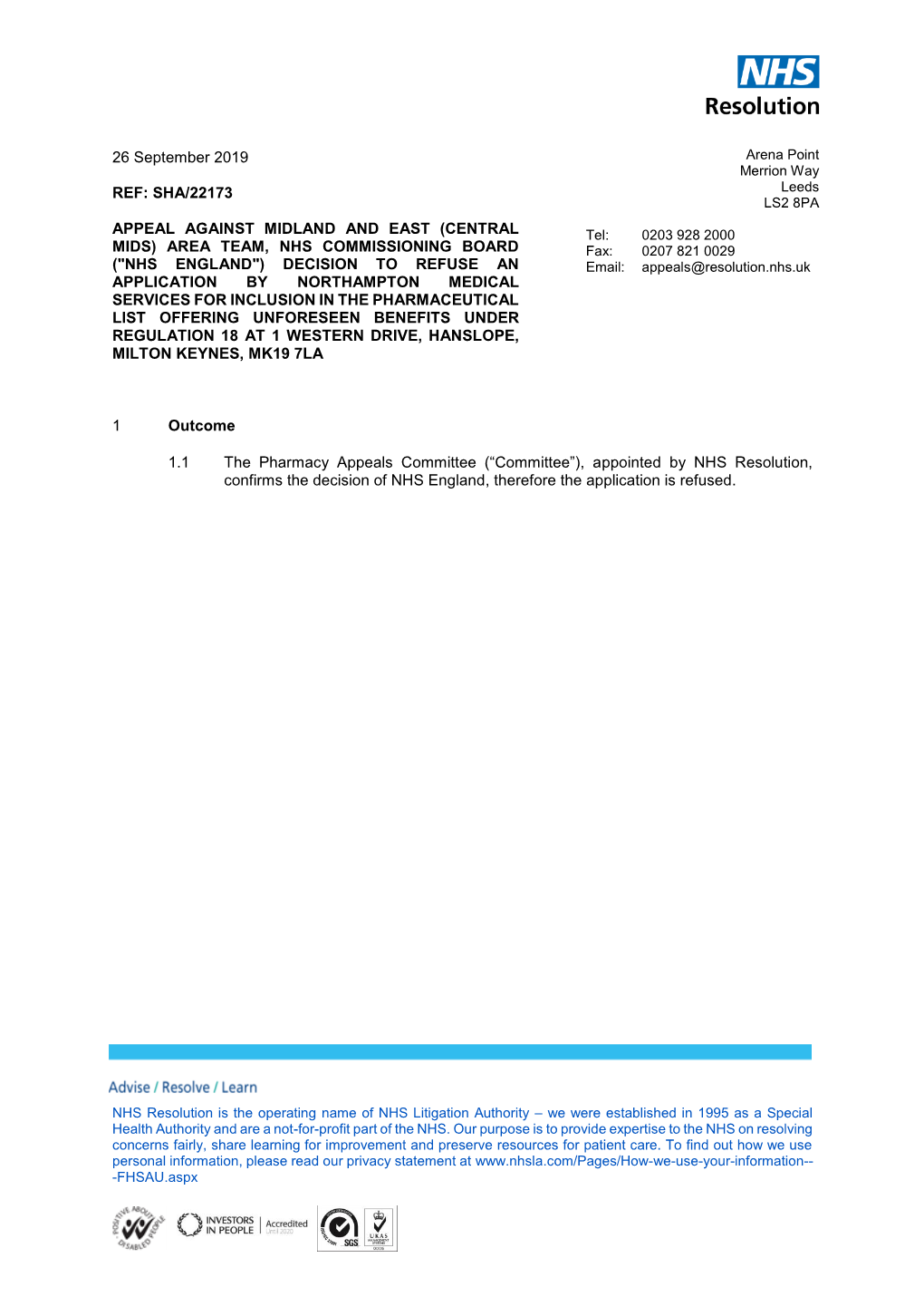 26 September 2019 REF: SHA/22173 APPEAL AGAINST MIDLAND AND