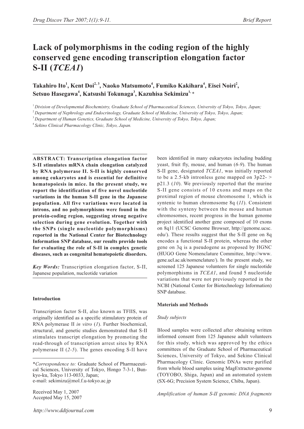 Lack of Polymorphisms in the Coding Region of the Highly Conserved Gene Encoding Transcription Elongation Factor S-II (TCEA1)