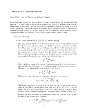 Astronomy 112: the Physics of Stars Class 6 Notes: Internal Energy And