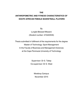 The Anthropometric and Fitness Characteristics of South African Female Basketball Players