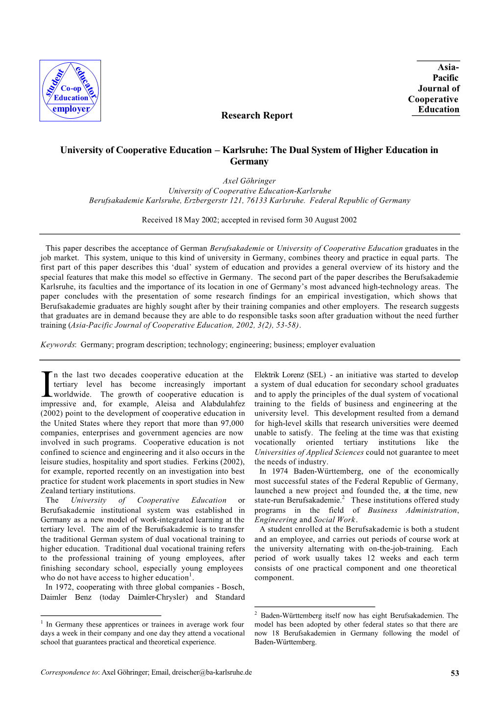 University of Cooperative Education – Karlsruhe: the Dual System of Higher Education in Germany