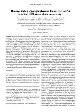Downregulation of Phosphoglycerate Kinase 1 by Shrna Sensitizes U251 Xenografts to Radiotherapy