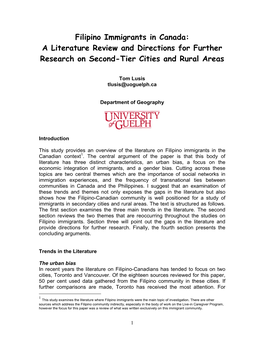 Filipino Immigrants in Canada: a Literature Review and Directions for Further Research on Second-Tier Cities and Rural Areas