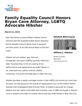 Family Equality Council Honors Bryan Cave Attorney, LGBTQ Advocate Hibsher