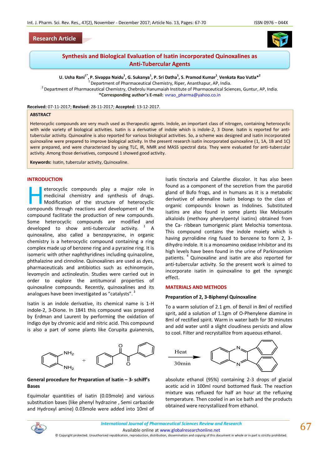 Synthesis and Biological Evaluation of Isatin Incorporated Quinoxalines As Anti-Tubercular Agents