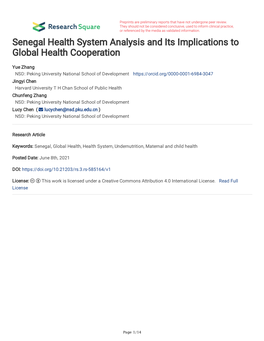 Senegal Health System Analysis and Its Implications to Global Health Cooperation