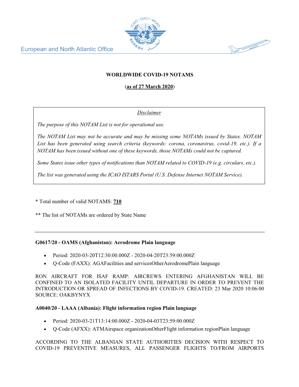WORLDWIDE COVID-19 NOTAMS (As of 27 March 2020) Total