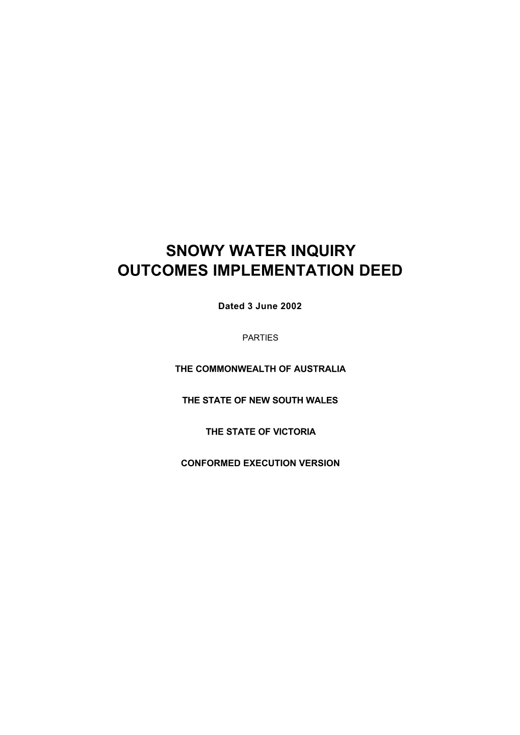 Snowy Water Inquiry Outcomes Implementation Deed