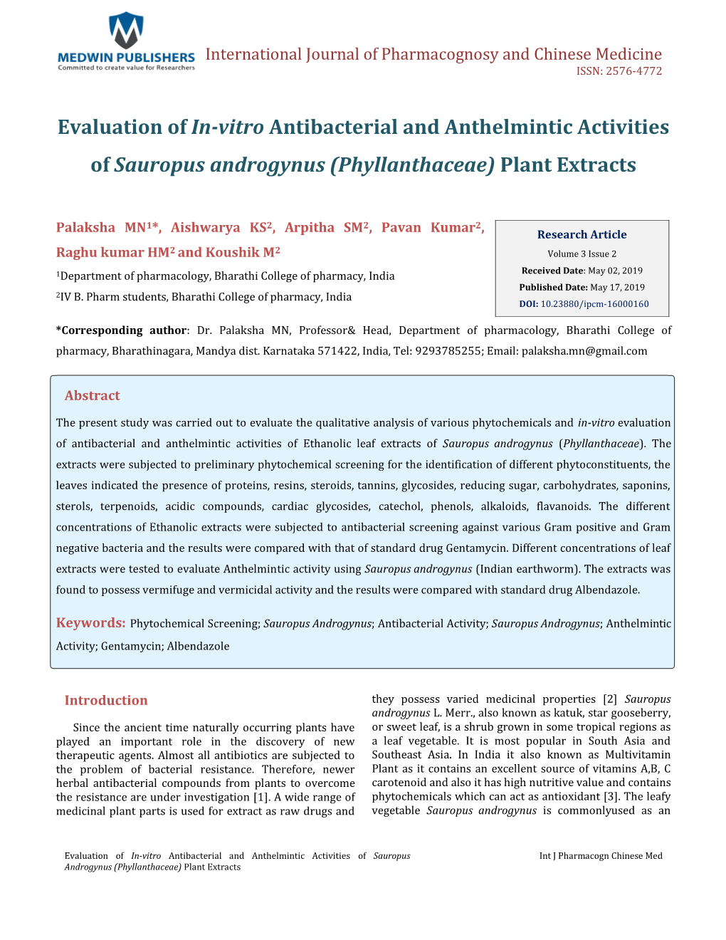 Evaluation of In-Vitro Antibacterial and Anthelmintic Activities of Sauropus Androgynus (Phyllanthaceae) Plant Extracts