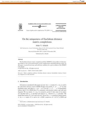 On the Uniqueness of Euclidean Distance Matrix Completions Abdo Y