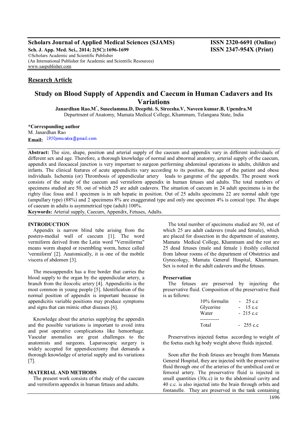 Study on Blood Supply of Appendix and Caecum in Human Cadavers and Its Variations Janardhan Rao.M*, Suseelamma.D, Deepthi