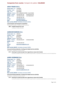 Companies from County / Companii Din Judetul: CALARASI ADIA