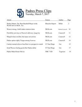Padres Press Clips Tuesday, March 7, 2017