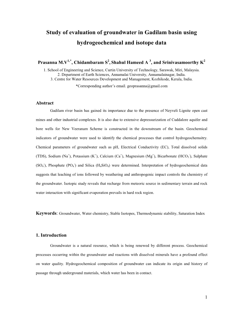 Study of Evaluation of Groundwater in Gadilam Basin Using Hydrogeochemical and Isotope Data