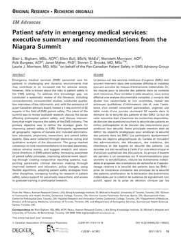 Patient Safety in Emergency Medical Services: Executive Summary and Recommendations from the Niagara Summit