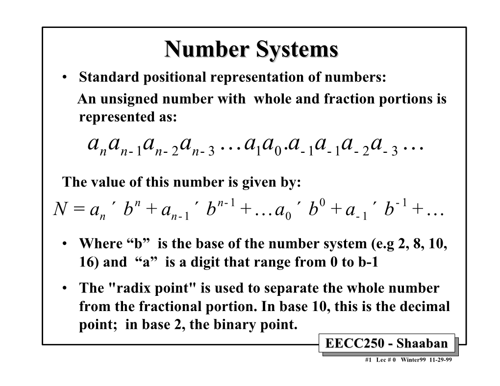 EECC250 - Shaaban #1 Lec # 0 Winter99 11-29-99 Number Systems Used in Computers