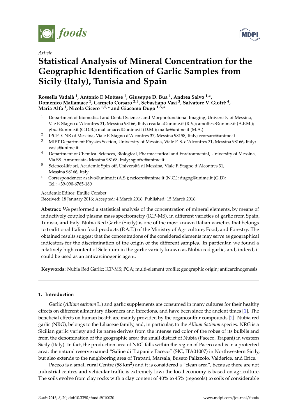 Statistical Analysis of Mineral Concentration for the Geographic Identiﬁcation of Garlic Samples from Sicily (Italy), Tunisia and Spain