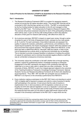 UNIVERSITY of DERBY Code of Practice for the Selection of Staff to Be Submitted to the Research Excellence Framework 20211 Part 1: Introduction 1