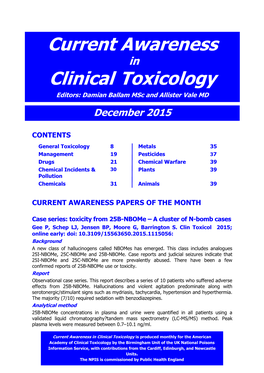 Current Awareness in Clinical Toxicology Editors: Damian Ballam Msc and Allister Vale MD