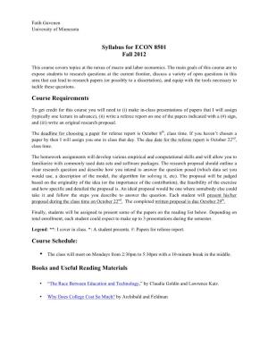 Syllabus for ECON 8501 Fall 2012 Course Requirements Course