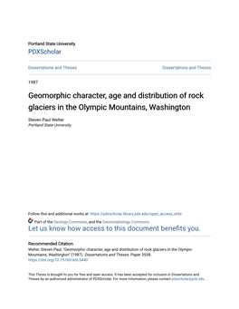 Geomorphic Character, Age and Distribution of Rock Glaciers in the Olympic Mountains, Washington