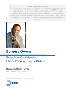 Burgess Owens Research Report the Following Report Contains Research on Burgess Owens, a Republican Candidate in Utah’S 4Th District