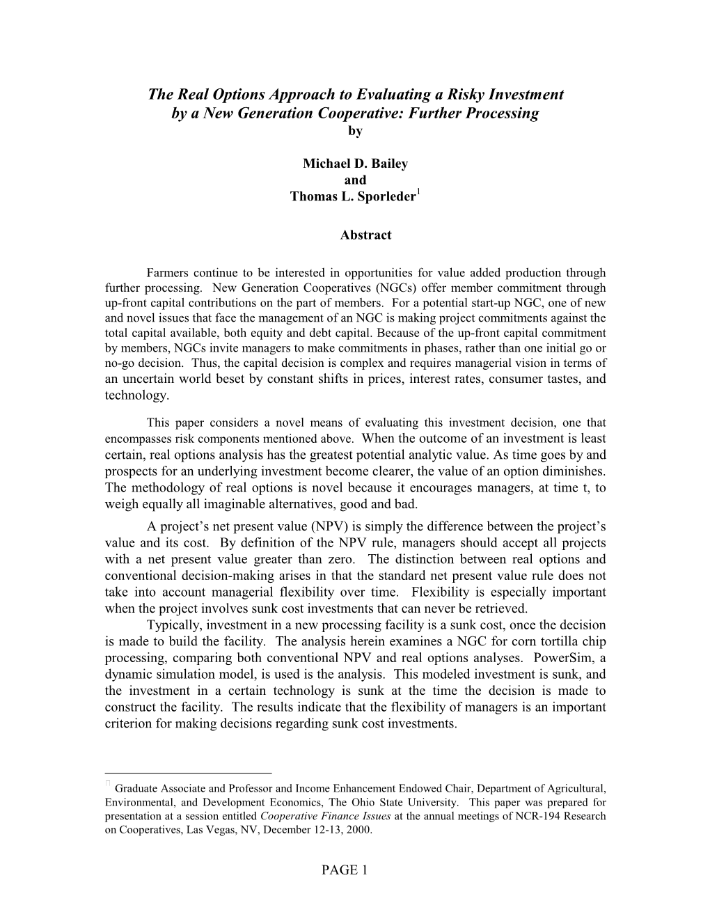 The Real Options Approach to Evaluating a Risky Investment by a New Generation Cooperative: Further Processing By