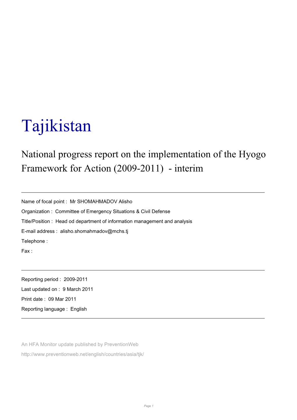 Tajikistan: National Progress Report on the Implementation of Hyogo