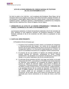 Acta De La Sesion Ordinaria Del Consejo Nacional De Television Del Dia 30 De Noviembre De 2015