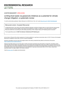 Limiting Food Waste Via Grassroots Initiatives As a Potential for Climate Change Mitigation: a Systematic Review