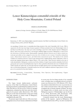 Lower Kimmeridgian Comatulid Crinoids of the Holy Cross Mountains, Central Poland