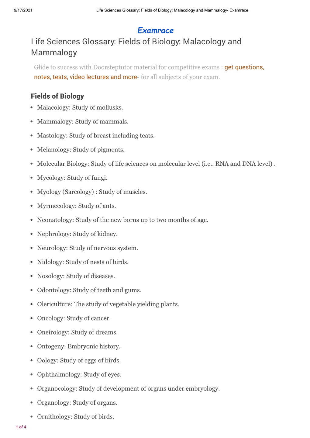 Life Sciences Glossary: Fields of Biology: Malacology and Mammalogy- Examrace