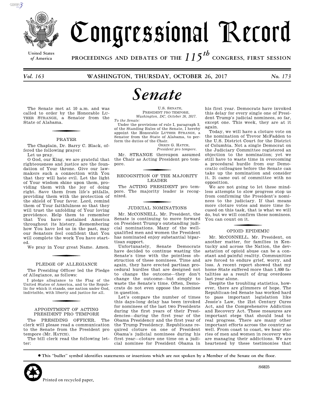 Congressional Record United States Th of America PROCEEDINGS and DEBATES of the 115 CONGRESS, FIRST SESSION