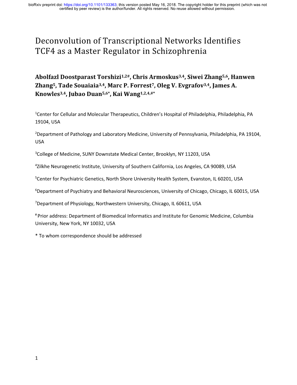 Deconvolution of Transcriptional Networks Identifies TCF4 As a Master Regulator in Schizophrenia