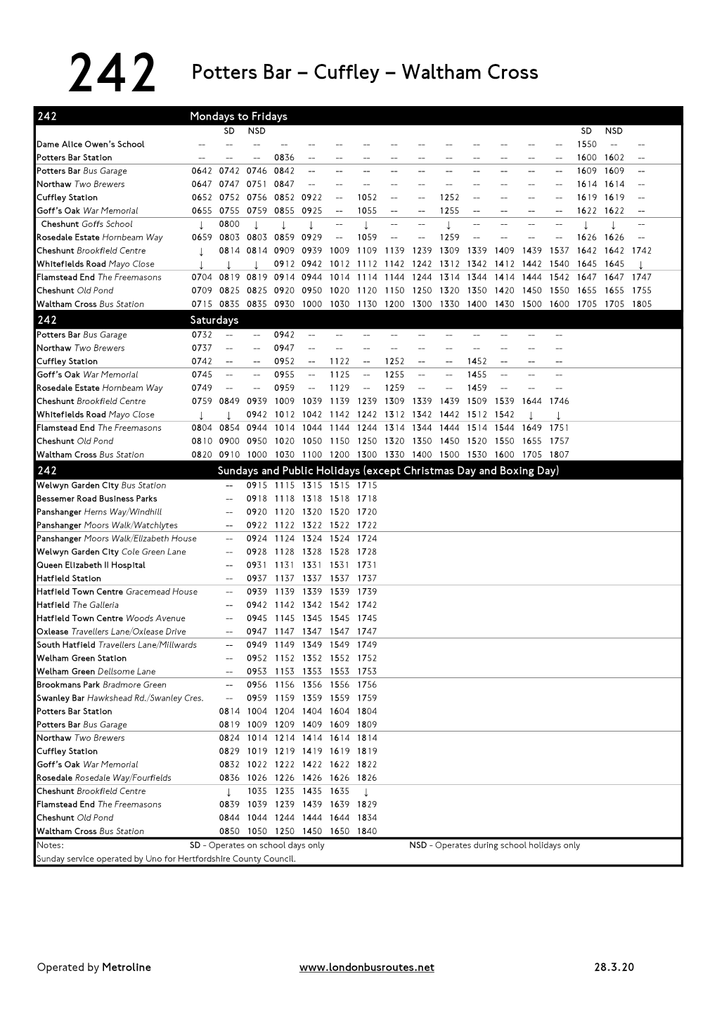 242 Potters Bar – Cuffley – Waltham Cross