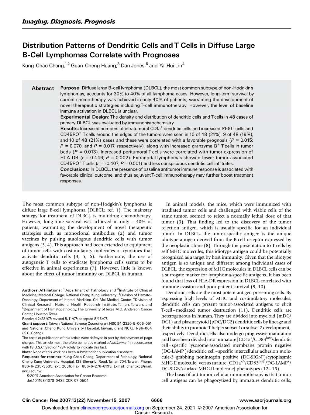 Distribution Patterns of Dendritic Cells and T Cells in Diffuse Large B-Cell