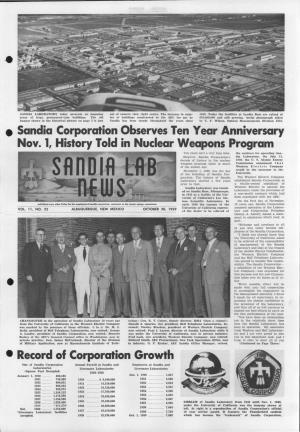 E Sandia Corporation Observes Ten Year Anniversary Nov. 1, History Told in Nuclear Weapons Program Ten Years Isn't a Very Long Time