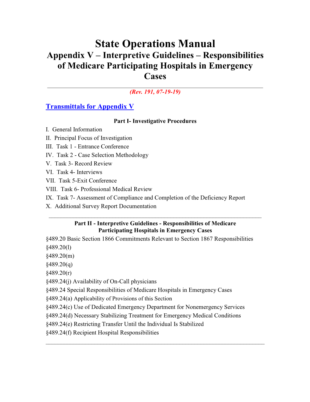 Appendix V – Interpretive Guidelines – Responsibilities of Medicare Participating Hospitals in Emergency Cases ______(Rev