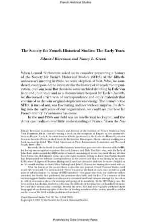 The Society for French Historical Studies: the Early Years