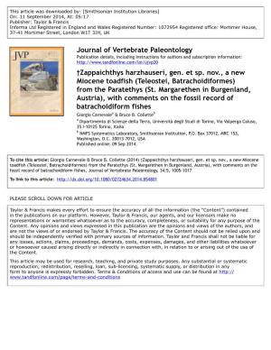 Journal of Vertebrate Paleontology †Zappaichthys Harzhauseri, Gen. Et