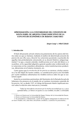 Aproximación a La Contabilidad Del Convento De Santa Isabel De Areatza Como Indicativo De La Coyuntura Económica De Bizkaia (1680/1885)